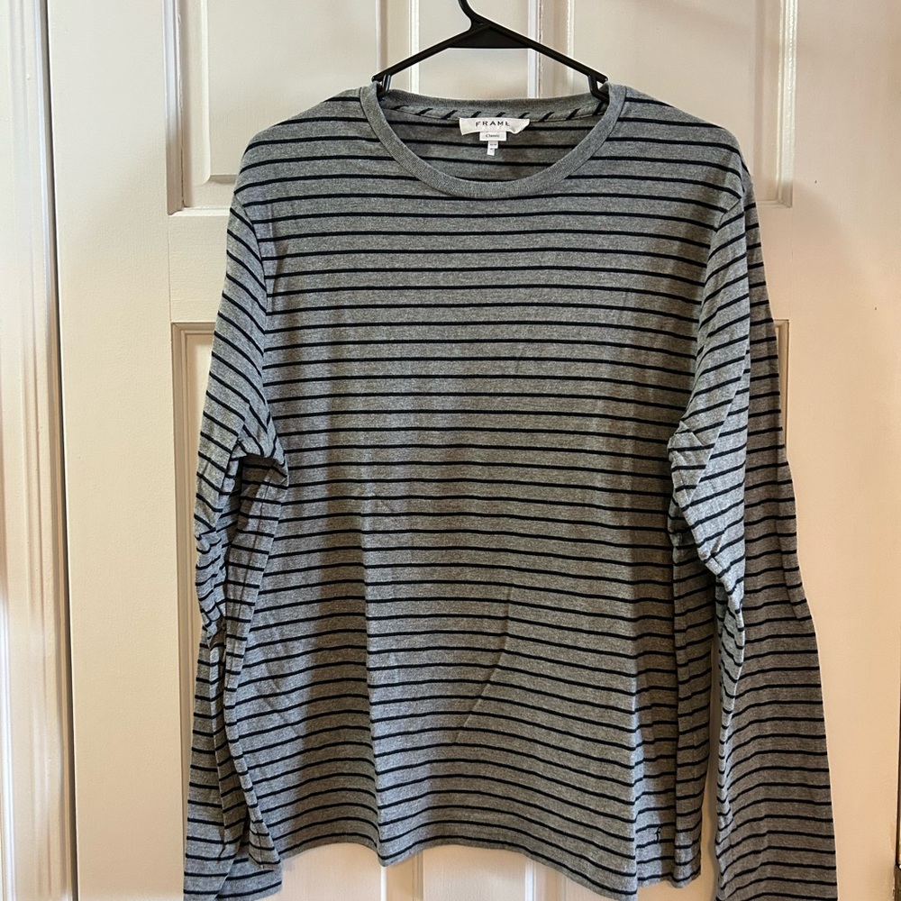FRAME men’s long sleeve tee shirt gray with black stripe. Size M. 100% cotton